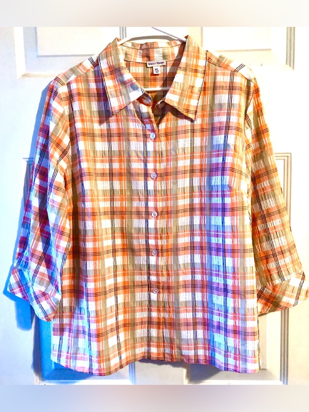 Rebecca Malone  Orange Tan Cream Plaid Textured 3/4 Sleeve Button Up Blouse XL